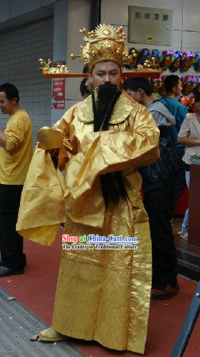 Traditional Chinese Golden Cai Shen Ye Costumes and Hat Complete Set
