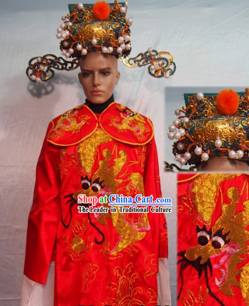 Traditional Chinese Red Cai Shen Ye Outfit and Hat Complete Set