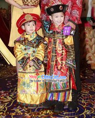 Traditional Chinese Emperor and Empress Costumes and Hats Two Complete Sets for Boys and Girls
