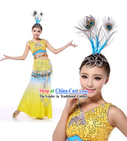 Professional Chinese Yunnan Peacock Dance Costumes and Headwear Complete Set for Women