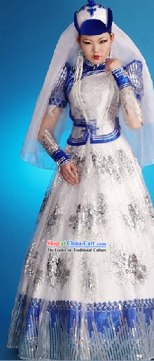 Traditional Chinese Mongolian Wedding Dress and Hat Complete Set for Women