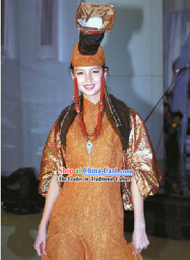 Traditional Mongolian Noblewoman Garment and Hat Complete Set