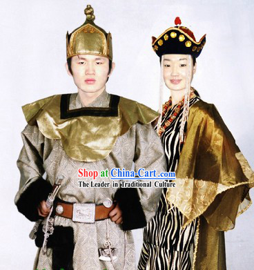 Traditional Mongolian Prince and Princess Costumes and Hats Two Complete Sets