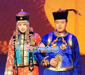 Traditional Mongolian Husband and Wife Clothes and Hats Two Complete Sets