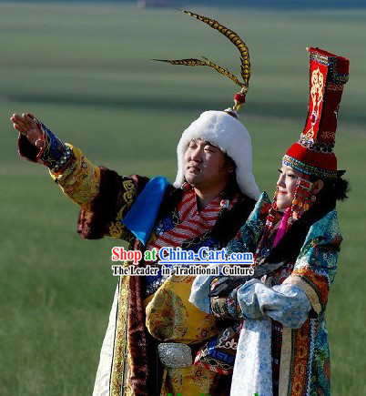 Traditional Mongolian Emperor and Queen Clothes and Hats Complete Set