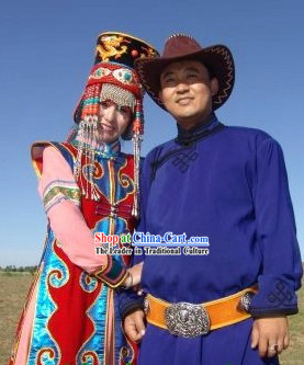 Traditional Mongolian Husband and Wife Clothing and Hats Complete Sets