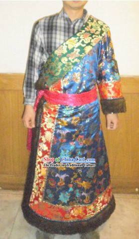 Traditional Chinese Blue Tibetan Robe Clothing Set for Men or Women