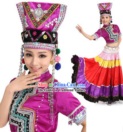 Chinese Yi Minority Dance Costume and Headpiece for Women