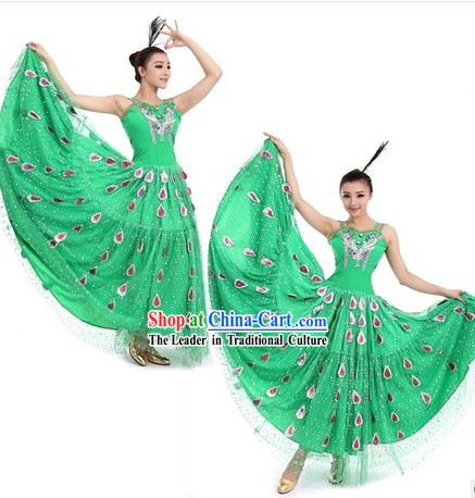 Green Peacock Dancing Costumes and Headpiece for Women