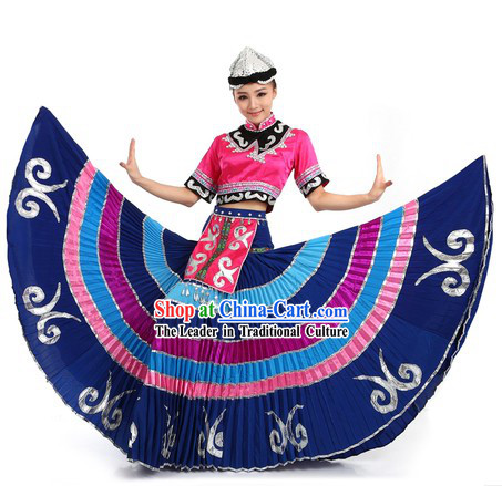 Purple Chinese Yi Minority Costume and Hat for Women
