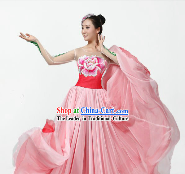 Chinese Classical Peony Long Skirt Dance Costumes and Headpiece