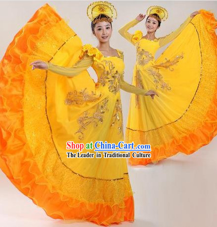 Chinese Classic Yellow Dance Costumes and Headpiece for Women