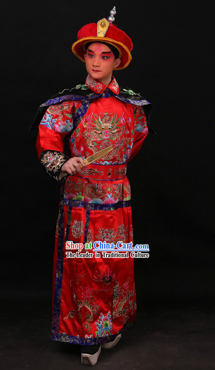 Red Chinese Embroidered Dragon Qian Long Costumes and Hat for Men