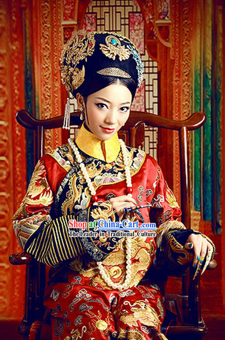 Qing Dynasty Imperial Empress Clothing and Crown Complete Set