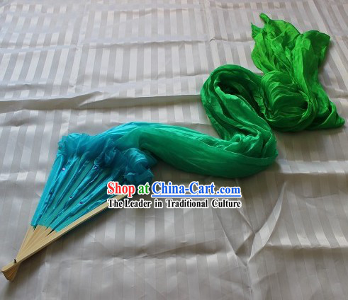 Handmade Blue to Green Colour Transition Long Silk Dance Fan