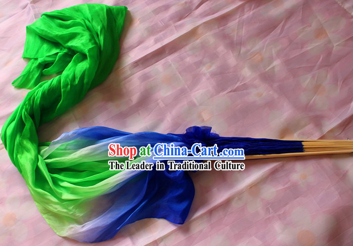 Chinese Blue to Green Colour Transition Long Silk Dancing Fan