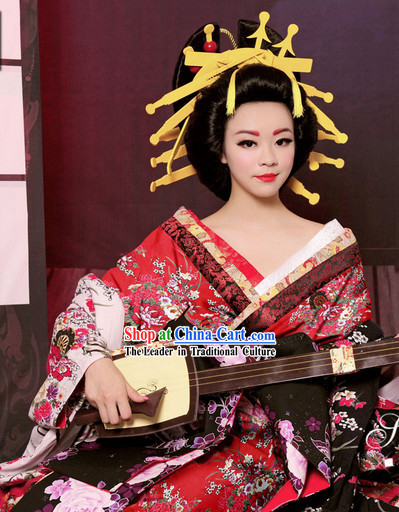 Traditional Japanese Geisha Kimono Costumes and Hair Accessories Complete Set for Women