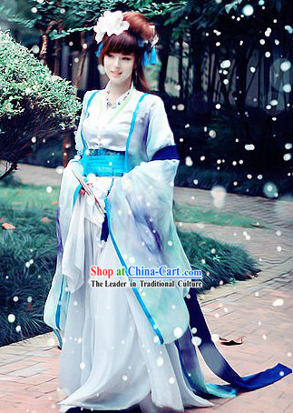 Ancient Chinese White and Blue Beauty Cosplay Costumes