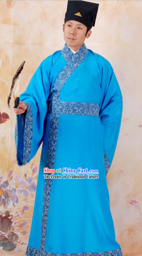 Ancient Chinese Blue Costumes and Hat for Men