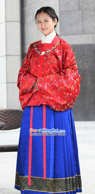 Traditional Chinese Ming Dynasty Red Jacket and Blue Skirt for Women