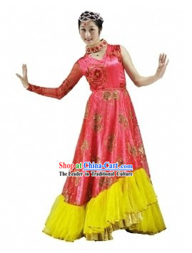 Traditional Chinese Red Dance Costume and Headdress for Women