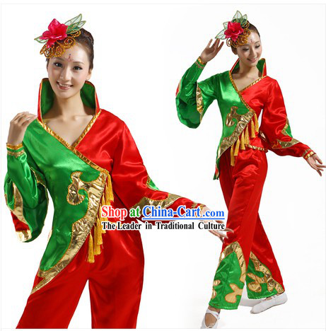 Traditional Chinese Fan Dancing Costume and Headpiece for Women