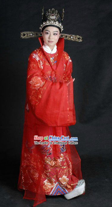 Ancient Chinese Opera Red Wedding Dress and Hat for Bridegrooms