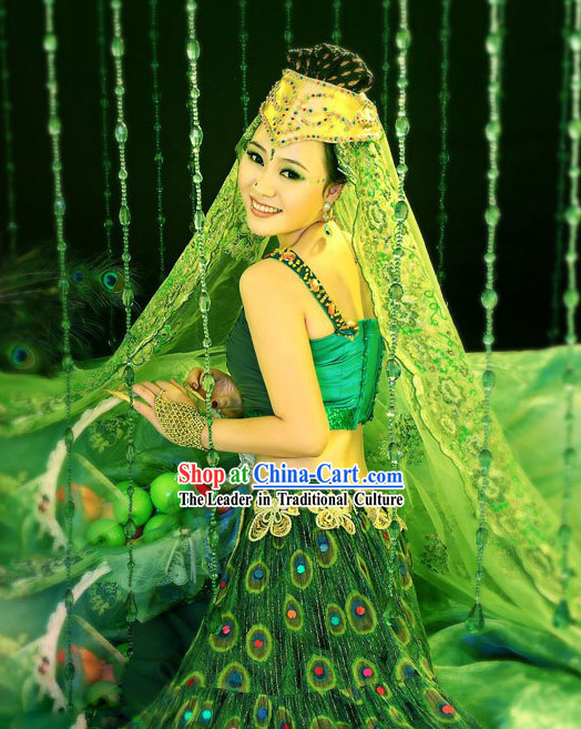 Green Chinese Peacock Dance Costumes and Headpiece for Women