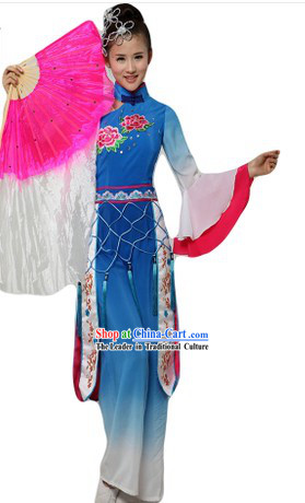 Chinese Classical Blue Fan Dancing Costumes and Headpieces