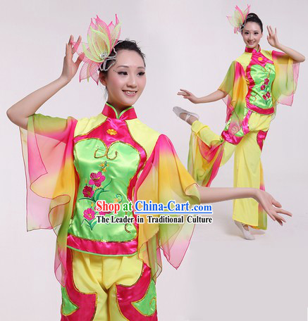 Traditional Chinese Fan Dancing Costume and Headpieces for Women