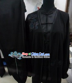 Traditional Chinese Black Long Sleeves Lotus Martial Arts Uniform and Veil