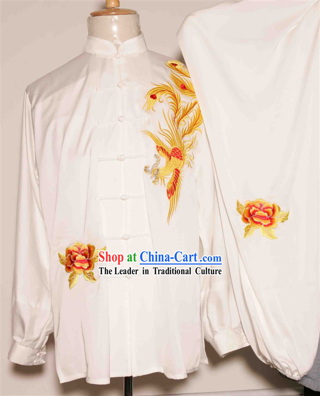 White Chinese Phoenix Embroidery Tai Chi and Martial Arts Competition Suit for Women