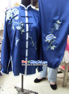 Blue Mandarin Flower Embroidery Martial Arts Tai Chi Uniforms