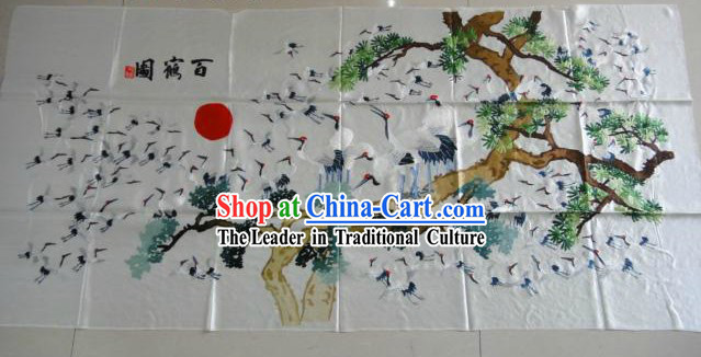 Traditional Chinese Hands Embroidered 100 Cranes Wall Hanging