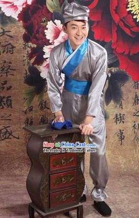 Ancient Chinese Waiter Costume and Hat for Men
