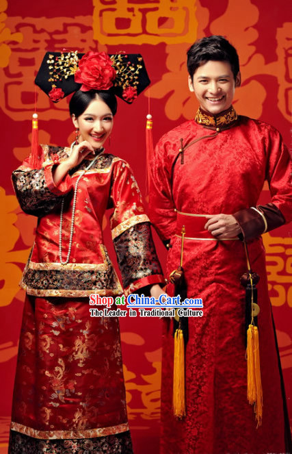 Traditional Chinese Imperial Princess and Prince Red Wedding Dresses and Hat