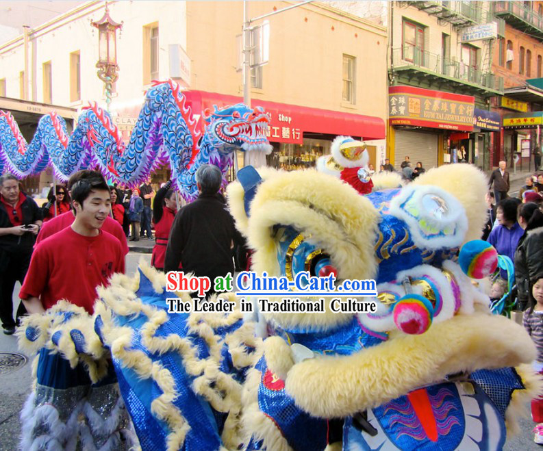 Blue Chinese Traditional Lion Dance and Dragon Dance Costumes Two Complete Sets