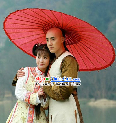 Qing Dynasty Lover Couple Robe Clothing and Red Big Umbrella Set