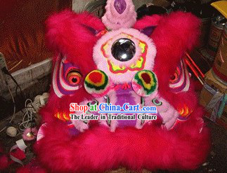 Supreme Red and Pink Long Wool Lion Dance Head and Tail Complete Set