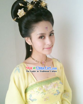 Zhong Xintong Black Long Fairy Wig and Golden Hair Accessories Set