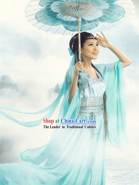 Ancient Chinese Blue Fairy Costumes and Umbrella