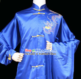 Blue Professional Embroidered Dragon Martial Arts Competition Outfit for Men