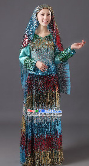 Traditional Chinese Muslin Hui Dance Costumes and Headpiece for Women