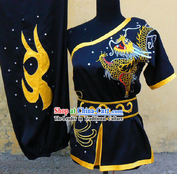 Black Dragon Embroidery One Shoulder Southern Fist Kung Fu Uniform
