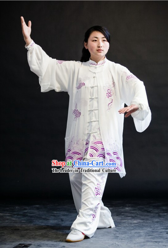 Whte Auspicious Cloud Embroidery Martial Arts Tai Chi Uniform for Women