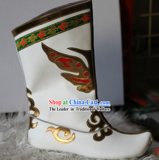 Traditional White Chinese Mongolian Boots for Men