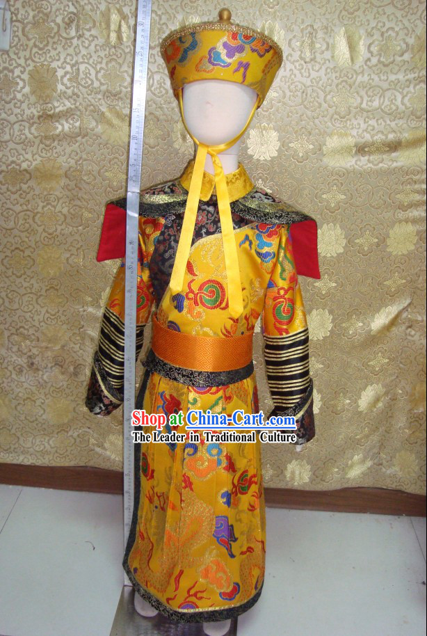 China Qing Dynasty Imperial Prince Dragon Robe Costumes and Hat Complete Set for Kids