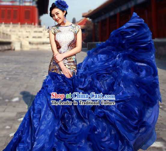 2013 New Design Blue Evening Dress with Fish Trail