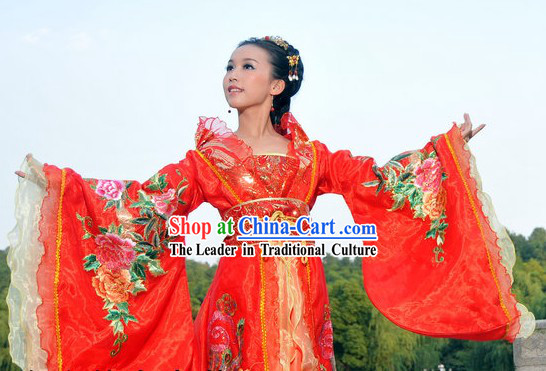 Ancient Chinese Stage Performance Peony Red Wedding Outfit for Brides