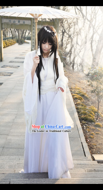 Pure White Ancient Chinese Fairy Outfit and Headdress for Women